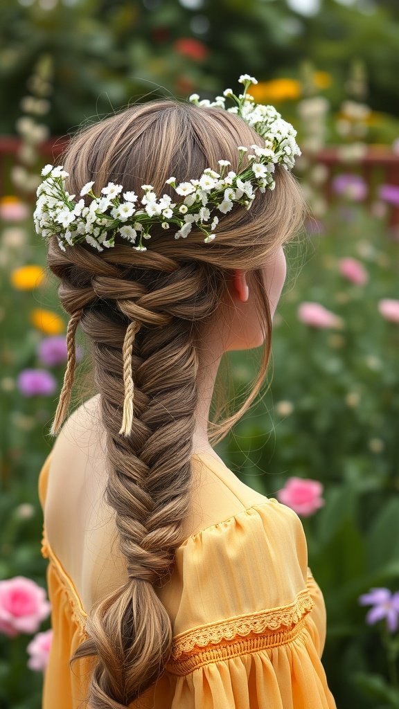 A woman with a bohemian braid crown adorned with baby's breath flowers, standing in a field of colorful flowers.