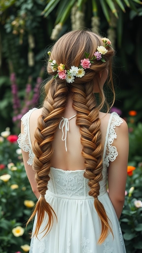 A woman with long hair styled in two braided pigtails, adorned with colorful flowers, wearing a lace wedding dress.