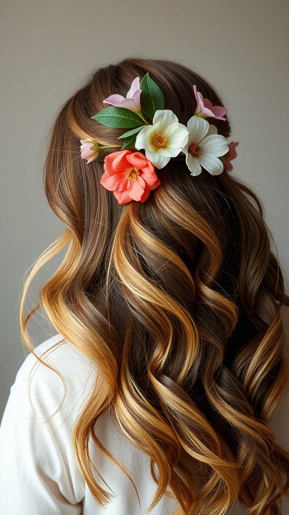 A beautiful half-up hairstyle with wavy hair cascading down, adorned with colorful flowers.