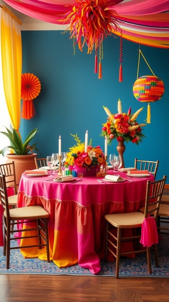 A vibrant wedding tablescape featuring a pink and orange gradient tablecloth, colorful floral centerpiece, candles, and hanging decorations.