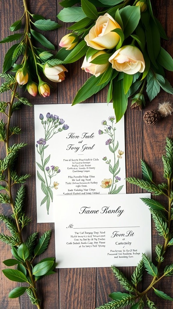 Wedding invitations decorated with botanical illustrations and surrounded by fresh flowers.