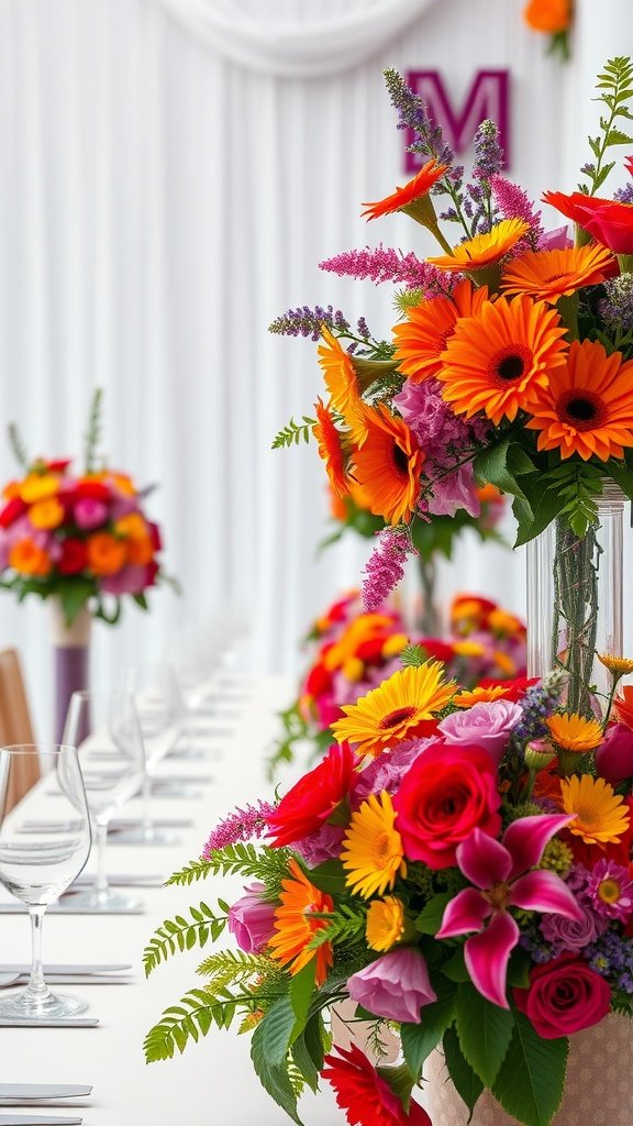 Colorful wedding table flowers featuring bright orange, pink, and yellow blooms in elegant arrangements.