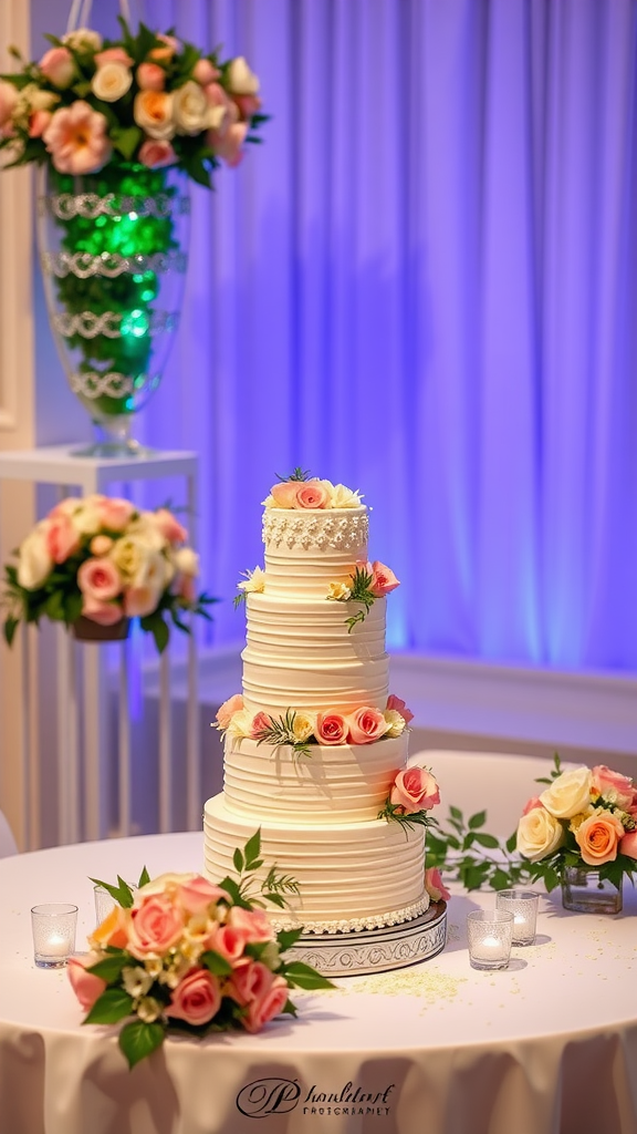 A beautifully decorated wedding cake on a table surrounded by guests, with a chandelier overhead.