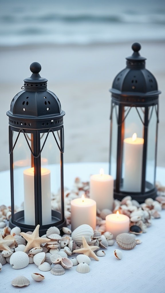 Candlelit lanterns with candles surrounded by shells and starfish on a beach wedding table.