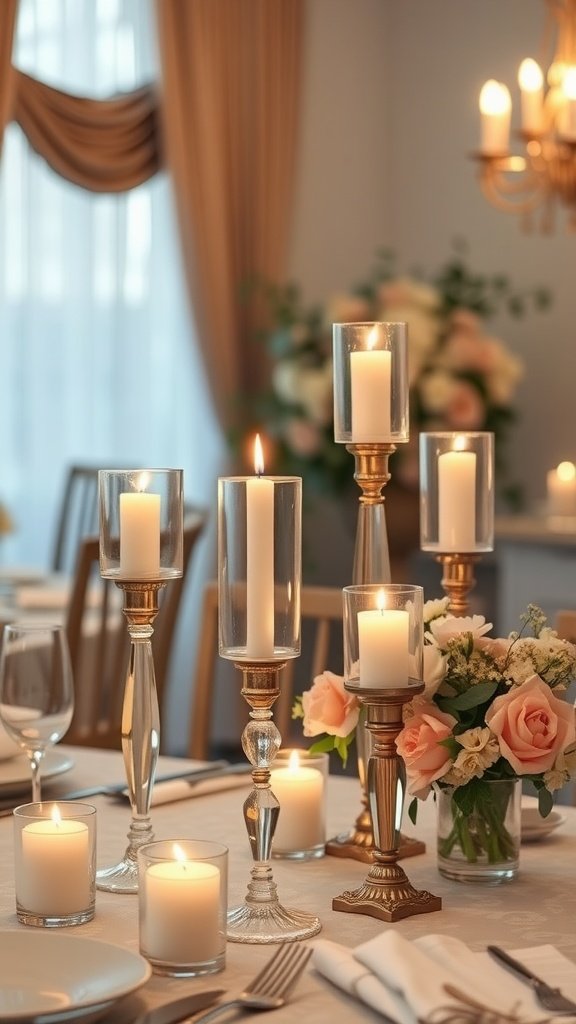 A beautifully arranged wedding table with various candles in elegant glass holders and fresh flowers.