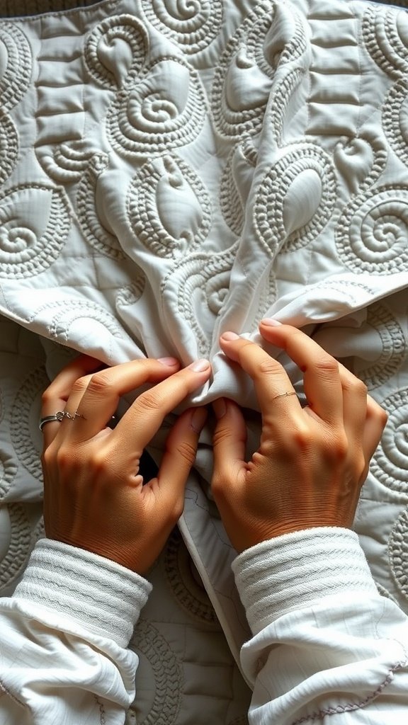 Close-up of hands holding a white quilt with intricate patterns, showcasing wedding rings.