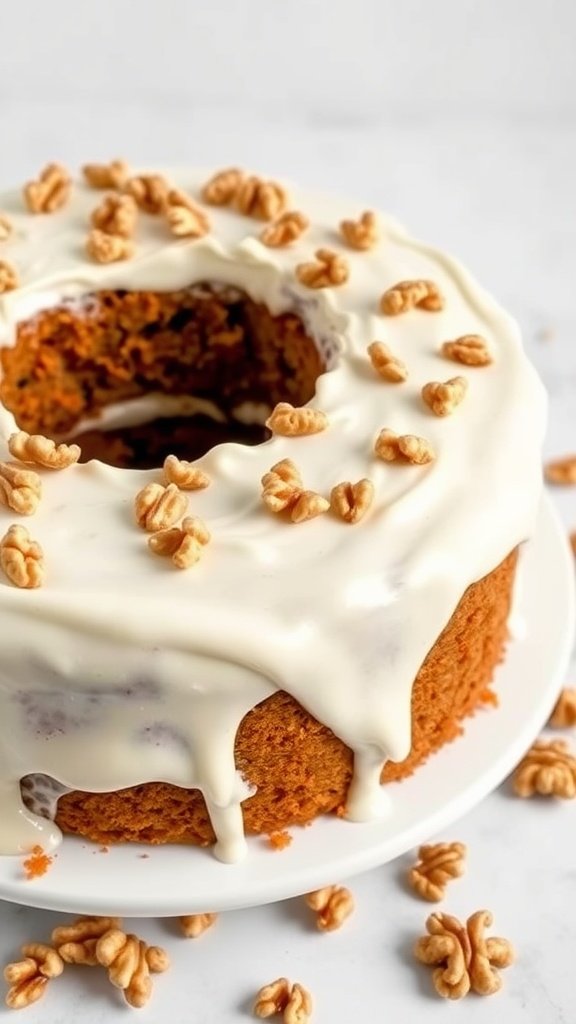 A delicious carrot cake with cream cheese icing and walnuts on top.