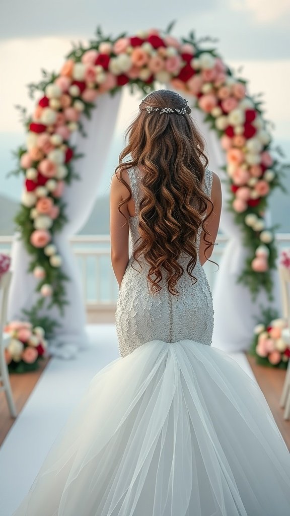 Bride with cascading curls and a sparkling hair accessory, standing in front of a floral arch.