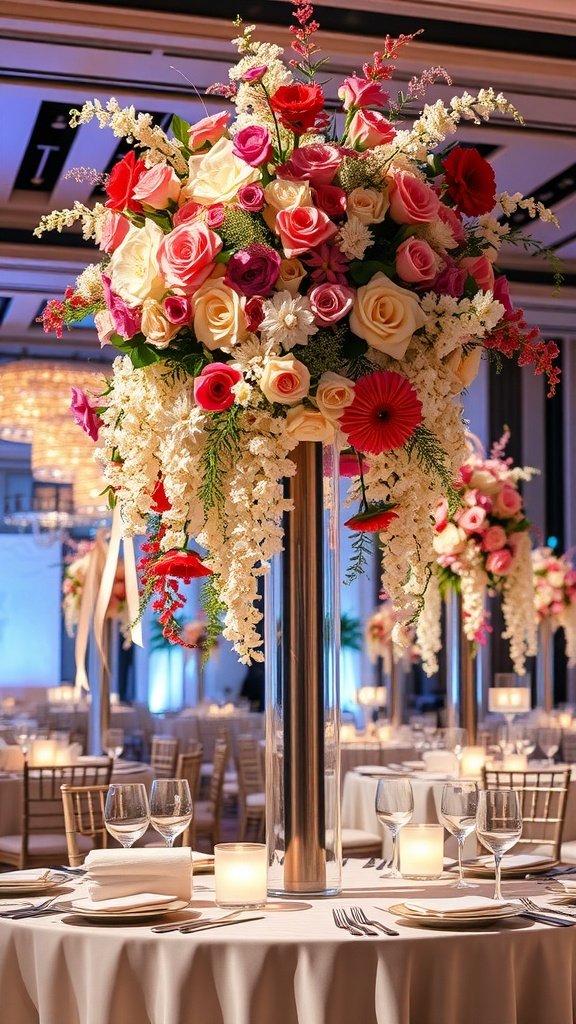 Tall wedding table centerpiece with cascading flowers in pink, white, and red