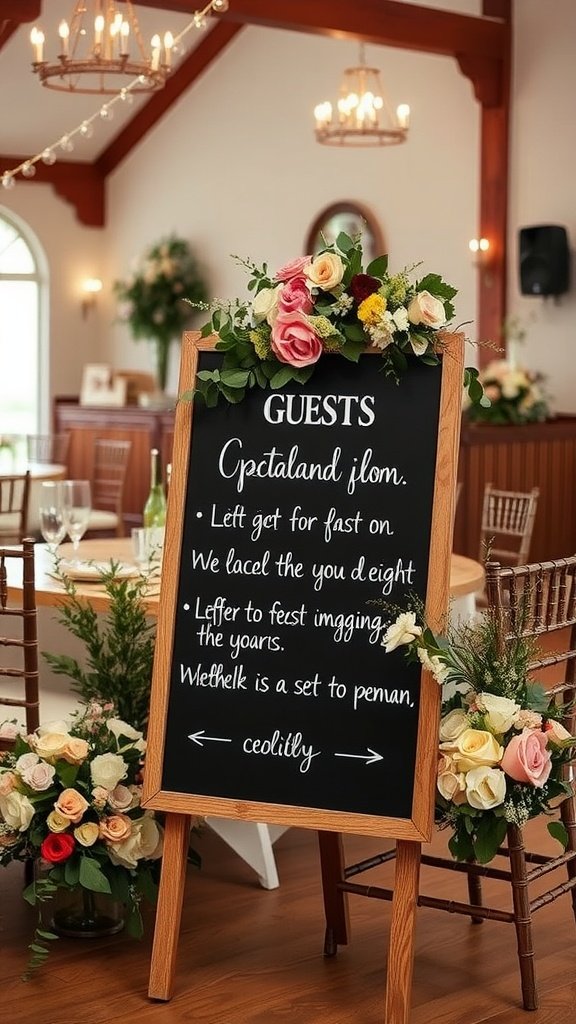 Chalkboard sign decorated with flowers, welcoming guests to a wedding.