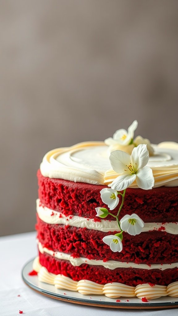 A beautiful red velvet wedding cake with white frosting and delicate flowers on top.