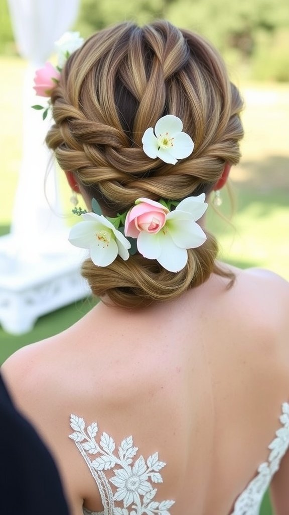 A chic braided crown hairstyle adorned with flowers, perfect for a wedding.