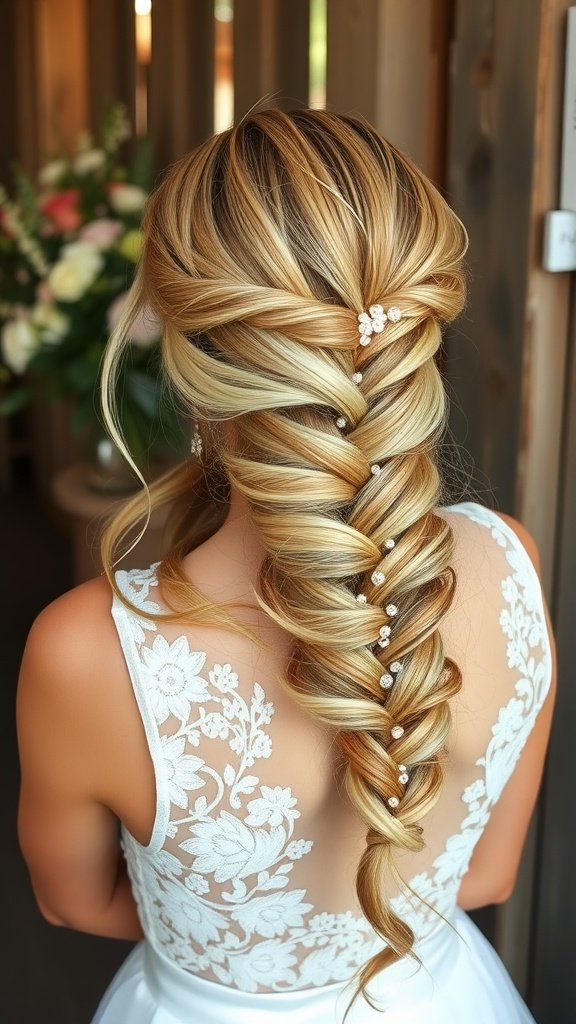 A bride with a chic fishtail braid adorned with beads, showcasing an elegant hairstyle with floral accents.