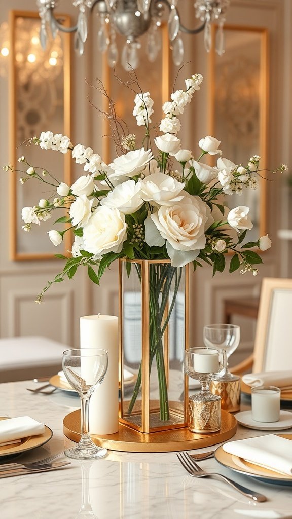 Chic wedding centerpiece featuring white roses and gold accents in a glass vase