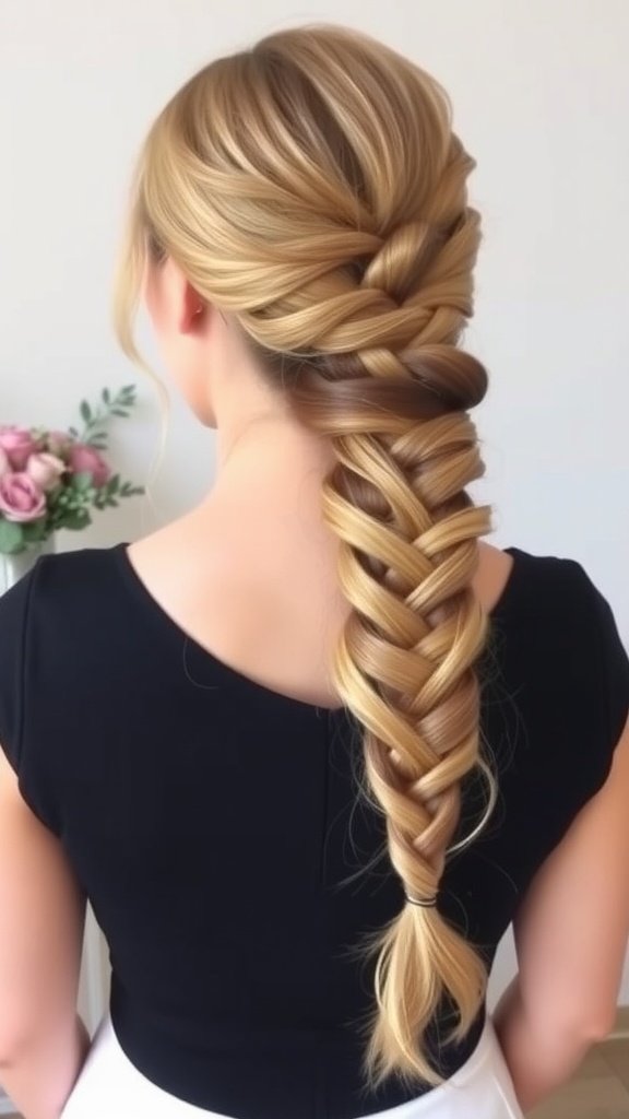 A woman with a half-up half-down hairstyle featuring an asymmetrical braid, showcasing a blend of blonde colors.