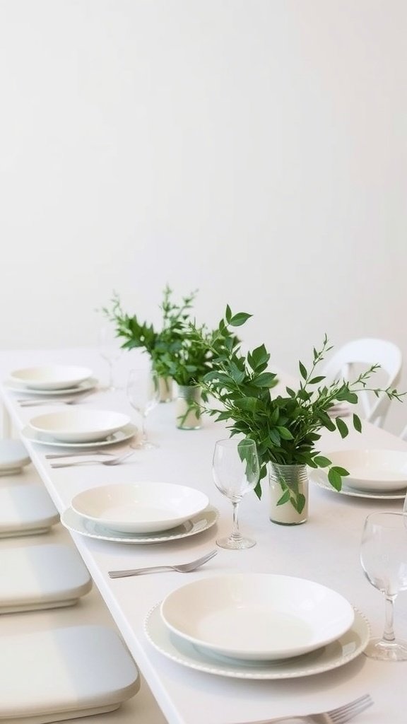 Chic minimalist wedding table setting with white plates, green plants, and clear glassware.