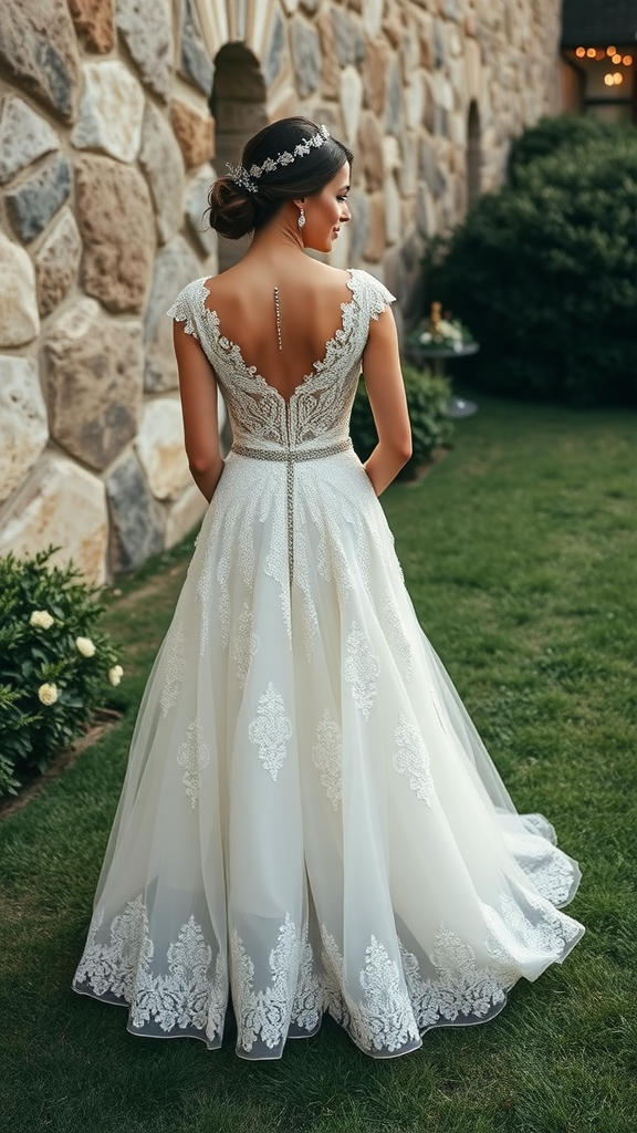 A short wedding dress displayed on a mannequin near the beach, adorned with lace and a flowing skirt.