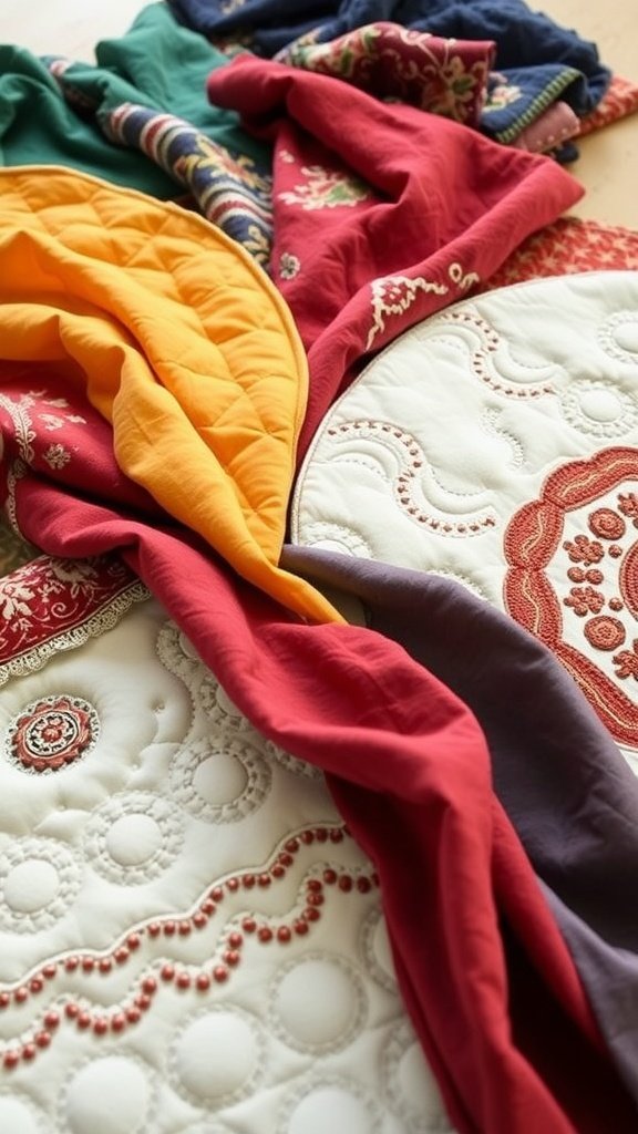 Colorful fabrics arranged for quilting, featuring various textures and patterns.