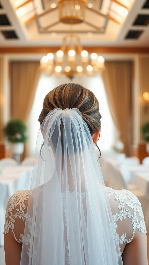 Bride with a classic chignon hairstyle and veil, captured from the back, showcasing a sophisticated wedding look.