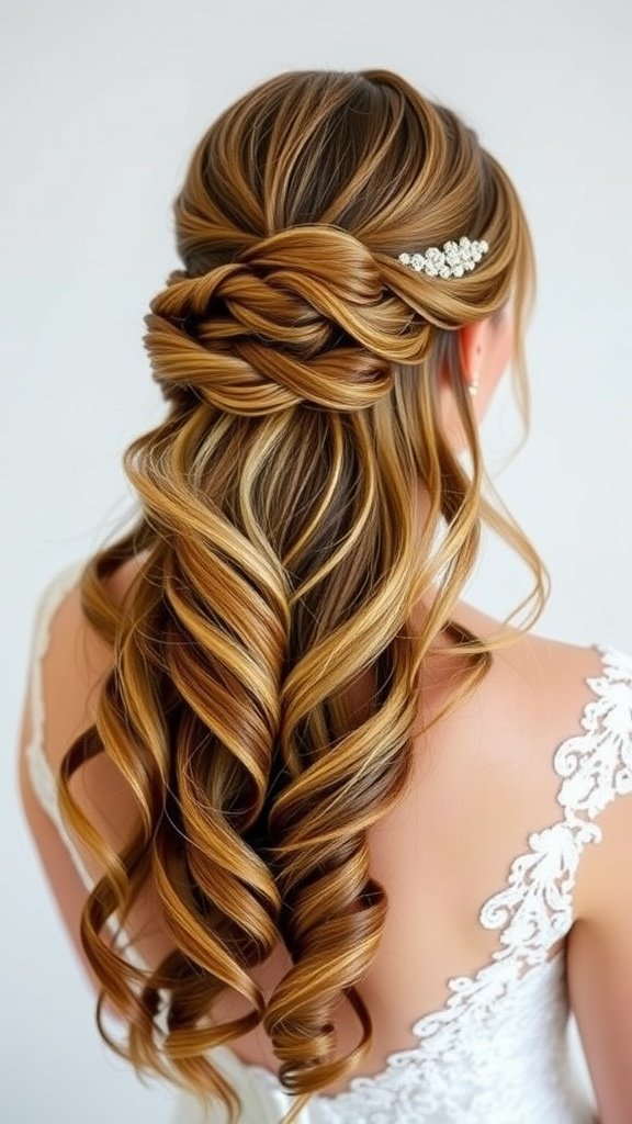 A beautiful half-up wedding hairstyle featuring loose waves and intricate braiding, complemented by a delicate hair accessory.