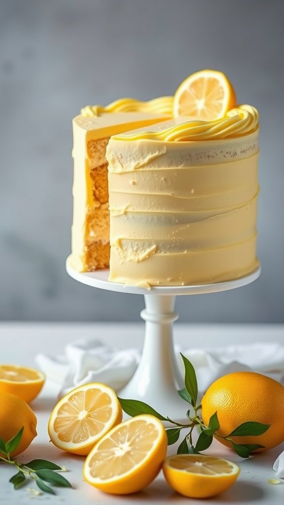 A beautifully decorated lemon wedding cake with a slice removed, surrounded by fresh lemons.