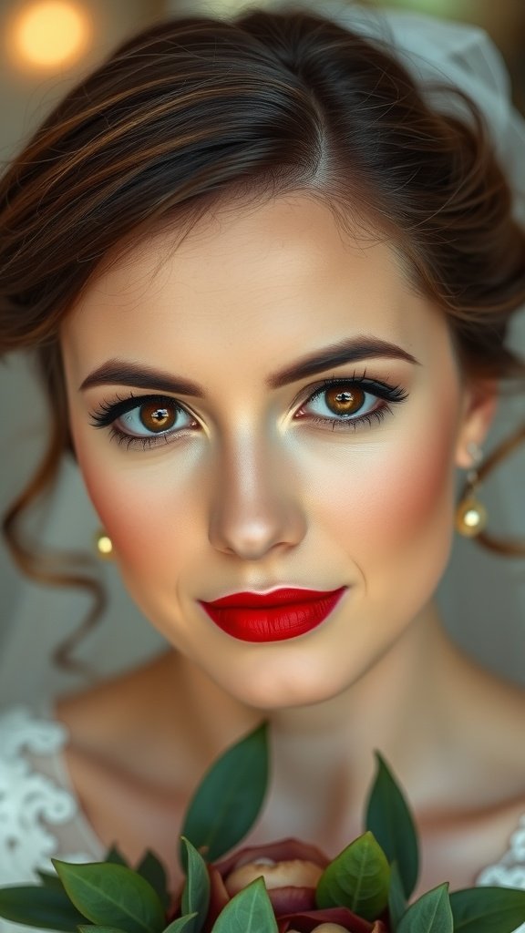 Bride with brown eyes wearing classic red lipstick and subtle eye makeup, holding a bouquet