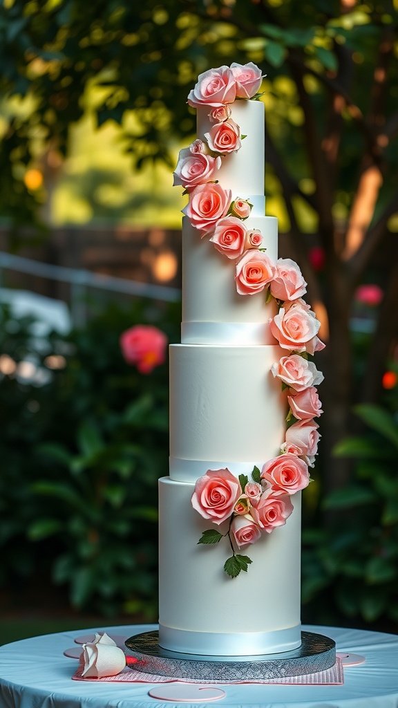 Tall white wedding cake decorated with pink roses