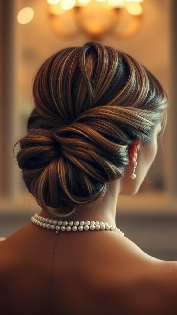 Image of a woman with a classic side-swept updo adorned with pearls, showcasing elegance and sophistication.