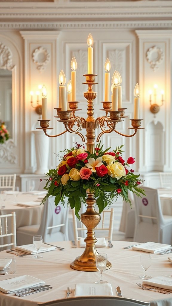 Tall gold candelabra centerpiece with candles and colorful flowers at a wedding reception