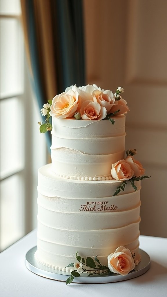 A beautiful three-tiered wedding cake decorated with fresh flowers, showcasing a classic vanilla bean design.