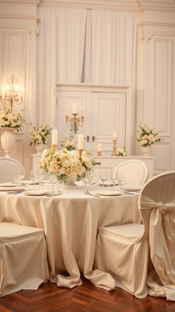 An elegant wedding tablescape featuring ivory tablecloth, floral centerpiece, and lit candles.