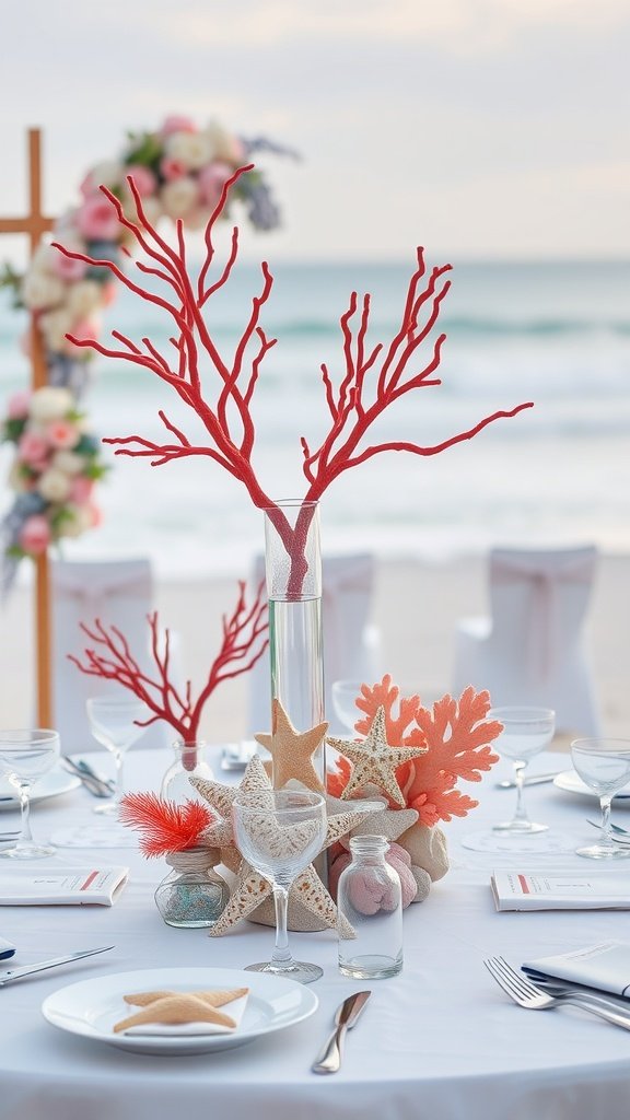 A beach wedding table centerpiece featuring red coral branches, starfish, and marine decor