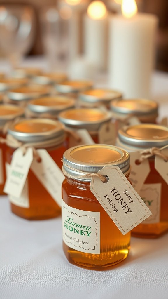 Jars of honey with tags on a table, perfect for wedding favors