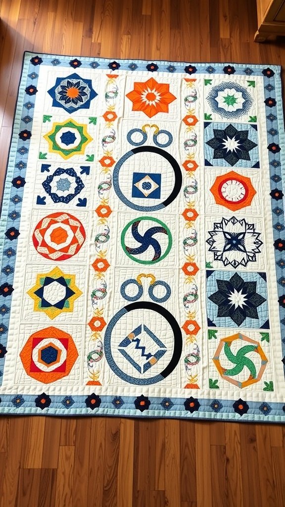 A colorful wedding rings quilt featuring circular motifs and geometric patterns, set against a wooden floor.