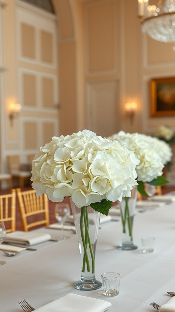 Elegant wedding table with tall vases filled with white hydrangeas