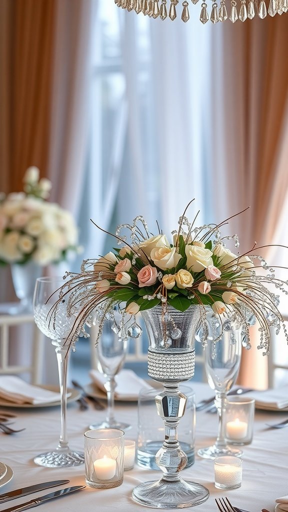 Elegant wedding centerpiece with flowers and crystal accents