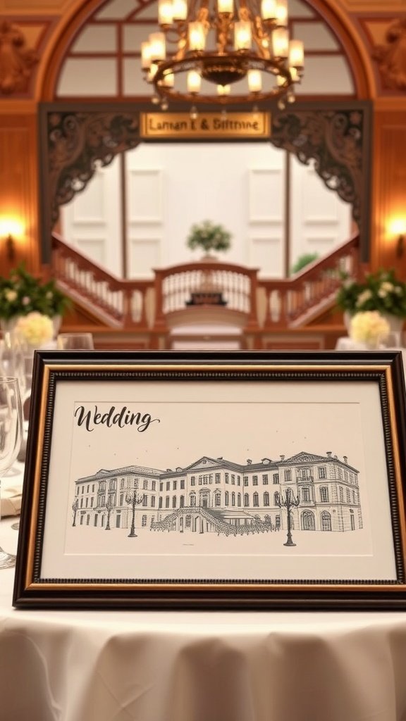 Framed illustration of a wedding venue on a table at a wedding reception