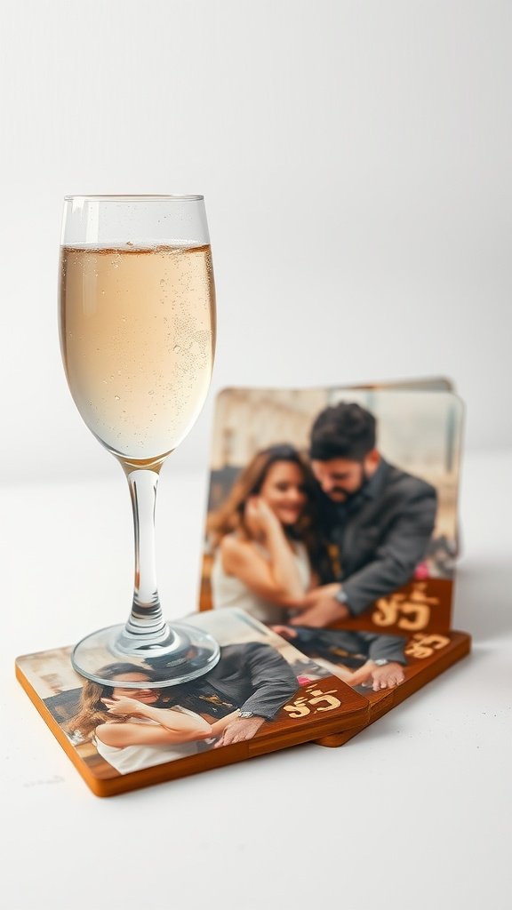 Customized coasters with the couple's portrait next to a glass of sparkling wine