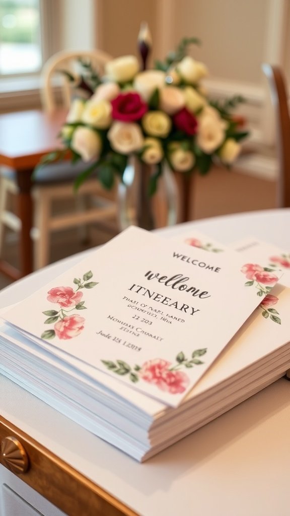 Customized wedding itinerary cards with floral designs on a table, alongside a bouquet of flowers.