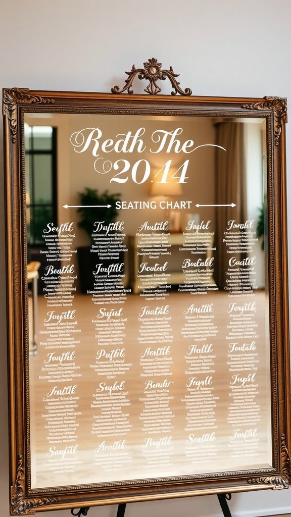 Customized wedding seating chart on a mirror