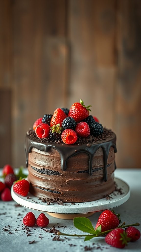 A stunning chocolate ganache wedding cake topped with fresh strawberries and blackberries.