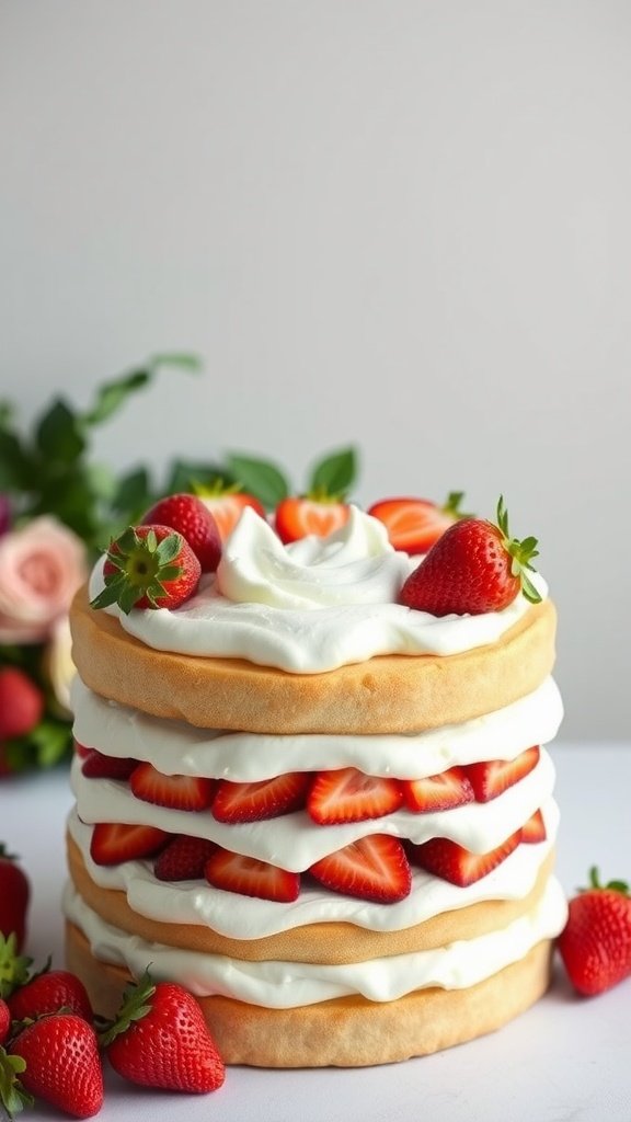 A three-layer strawberry shortcake with whipped cream and fresh strawberries on top.