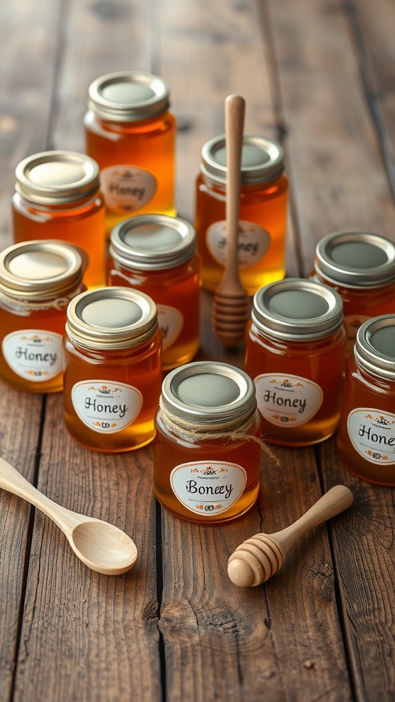 A collection of honey jars with personalized labels and wooden honey dippers on a wooden table.