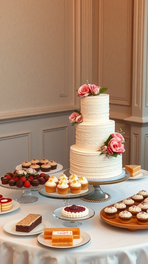 A beautifully arranged wedding cake table featuring a three-tiered cake with pink roses, surrounded by cupcakes, strawberries, and other desserts.