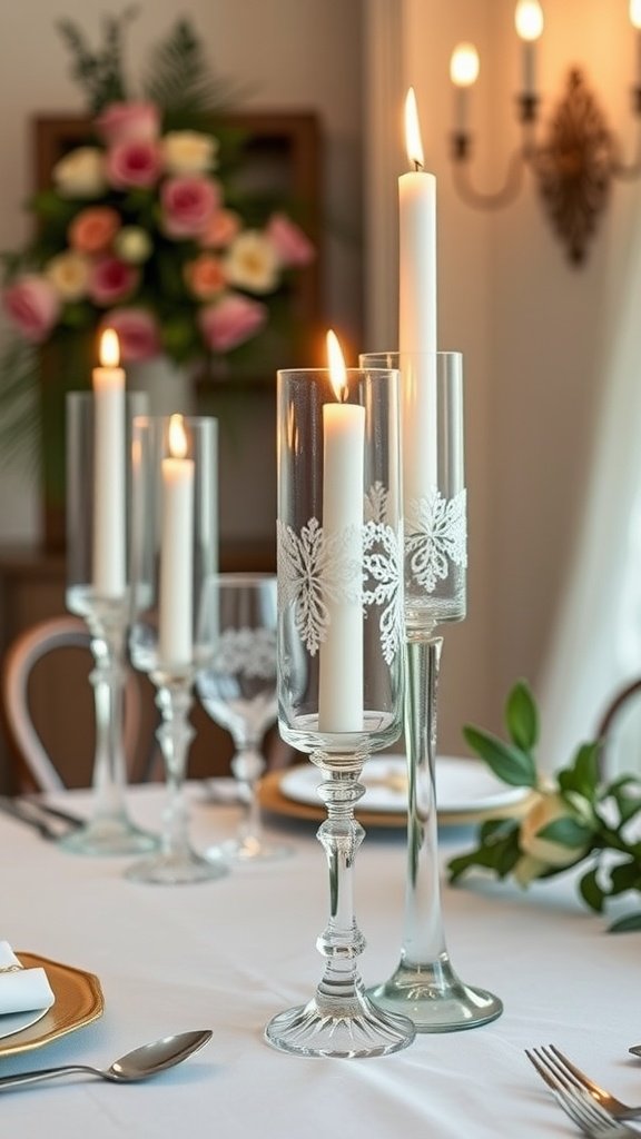 Elegant DIY candle holders with white candles and lace decoration on a beautifully set wedding table.