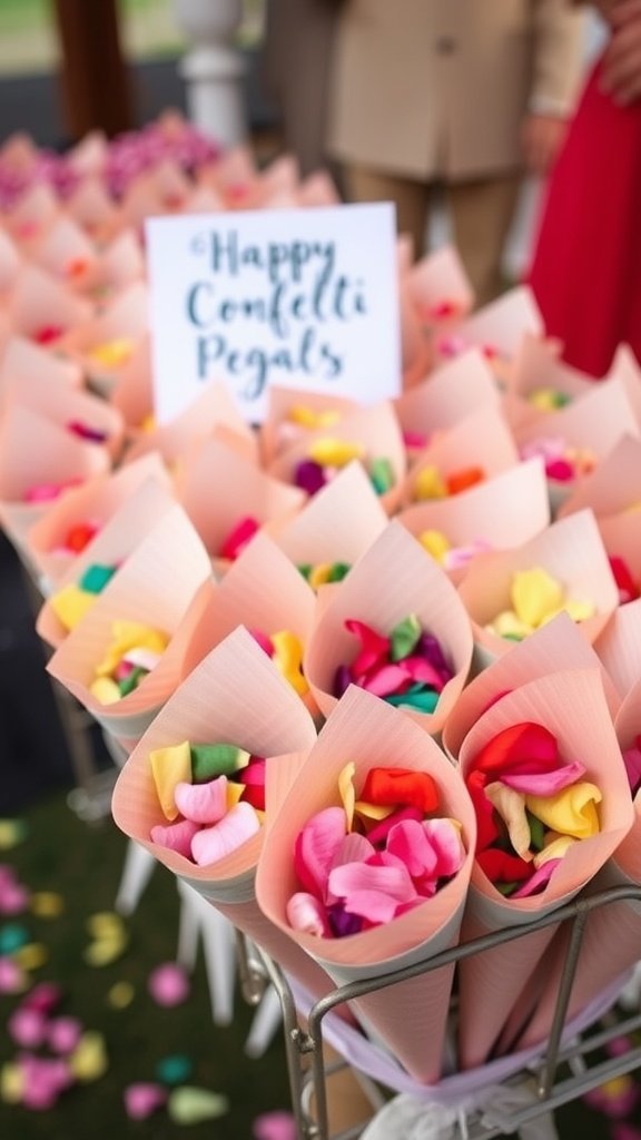 A display of colorful confetti cones filled with flower petals, arranged with a sign that says 'Happy Confetti Petals.'