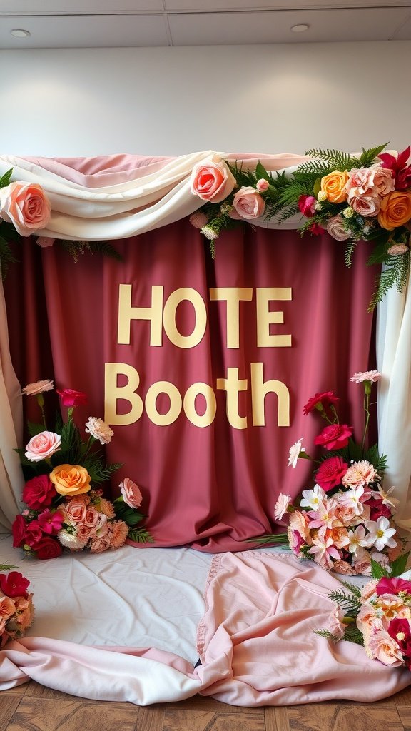 A decorative photo booth backdrop with pink fabric, a yellow sign that reads 'HOTE Booth,' and floral arrangements in pink, orange, and red.