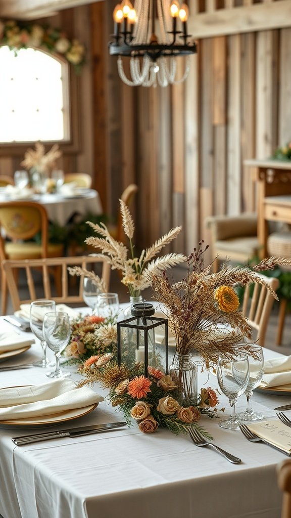 A wedding table set with dried flower arrangements, featuring a lantern centerpiece and elegant tableware.