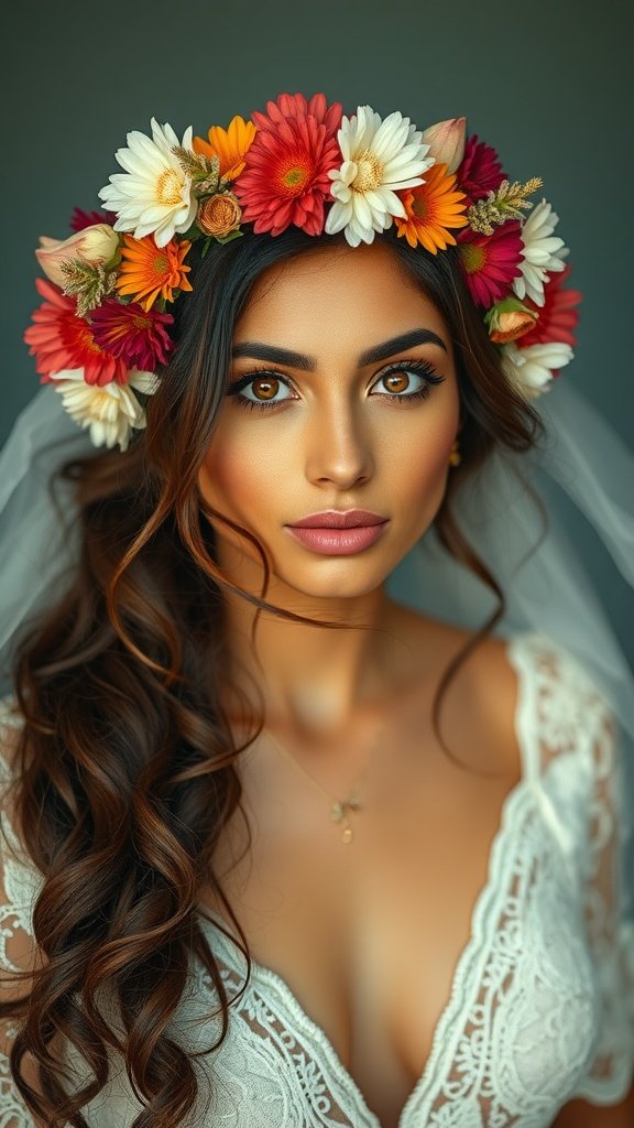 A bride with brown eyes wearing earthy tones makeup and a floral crown