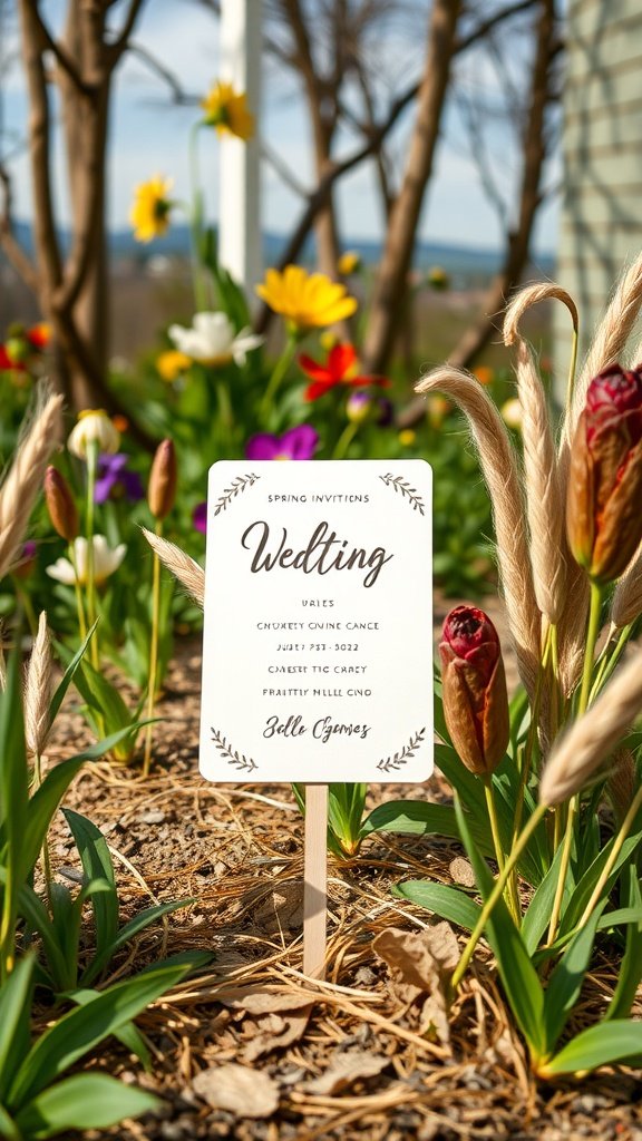 A spring wedding invitation placed in a garden with colorful flowers